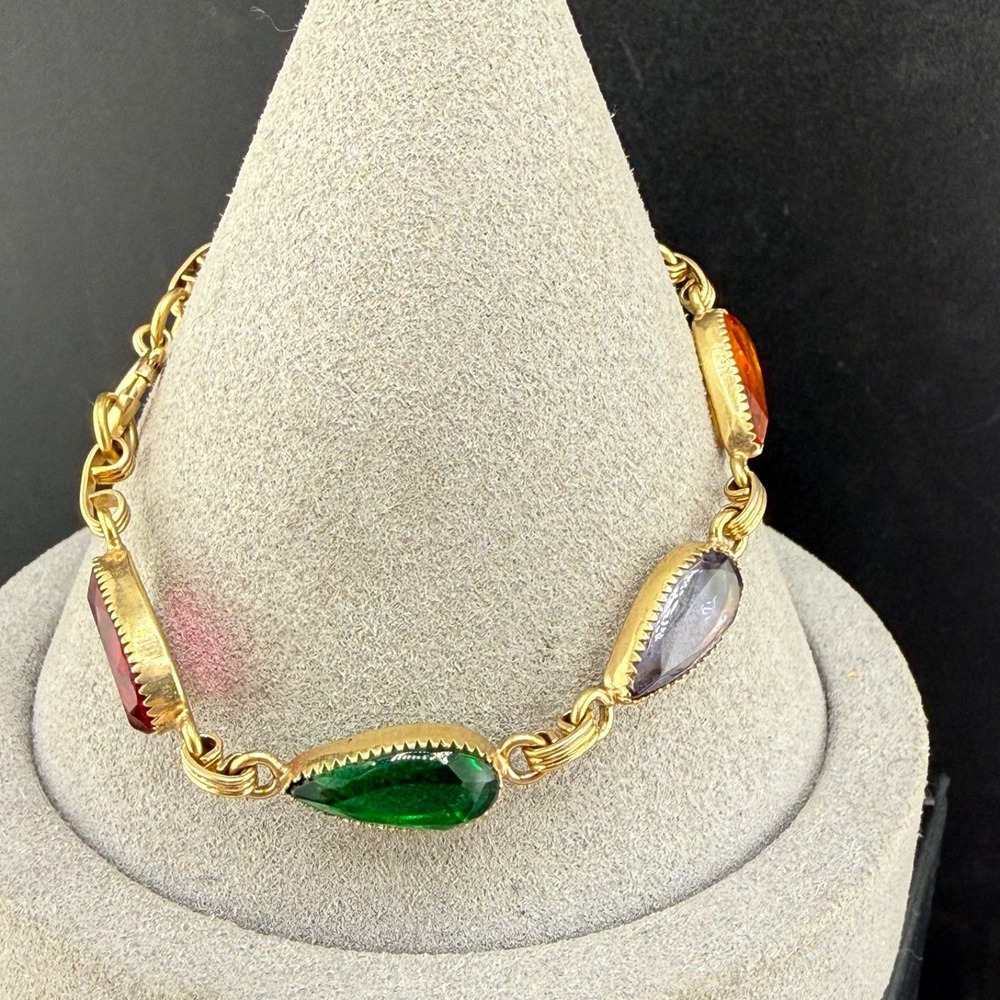 Vintage Gold Filled Glass Bracelet Rainbow  Open Bezel 7”